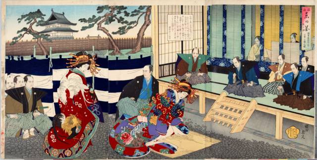 lukisan seni Jepang Ukiyo-e dari abad ke-19 yang menggambarkan Shogun sedang mendengarkan tuntutan hukum di Istana Edo (commons.wikimedia.org/Toyohara Chikanobu)