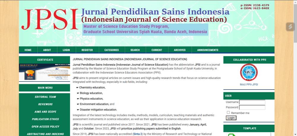 Potret situs Jurnal Pendidikan Sains Indonesia (dok. Jurnal Pendidikan Sains Indonesia)