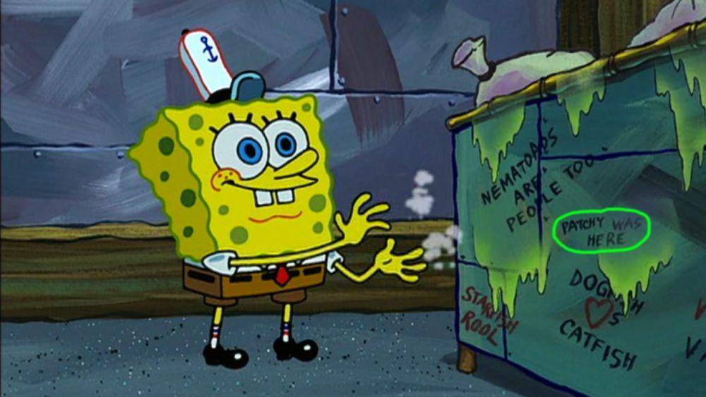 SpongeBob belajar kata kotor dari tulisan di tempat sampah. (dok. Nickelodeon/SpongeBob SquarePants)