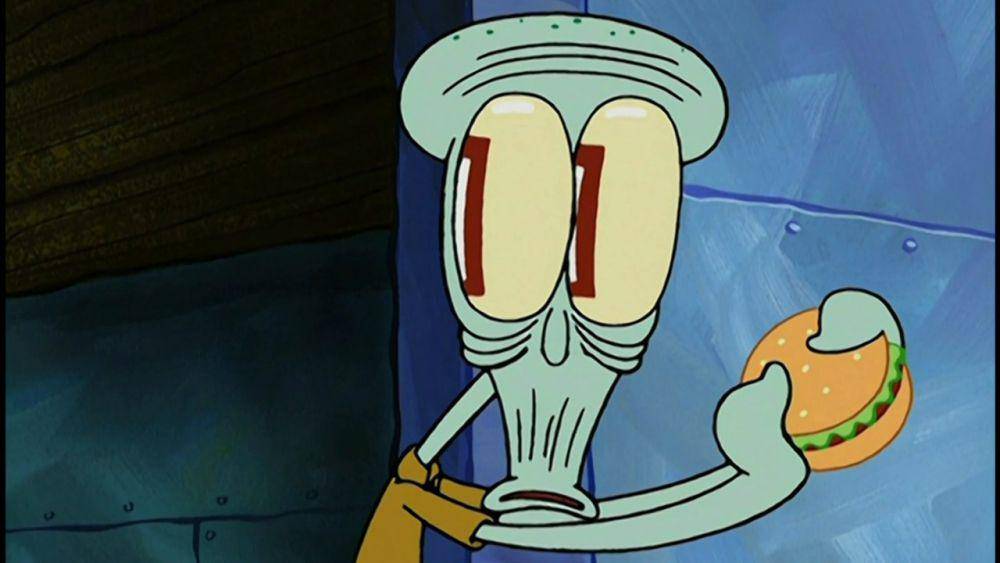 Squidward kecanduan Krabby Patty. (dok. Nickelodeon/SpongeBob SquarePants)