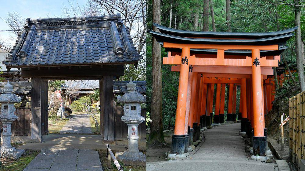 pintu gerbang kuil Buddha dan kuil Shinto (unsplash.com/rpwallace | commons.wikimedia.org/小石川人晃)