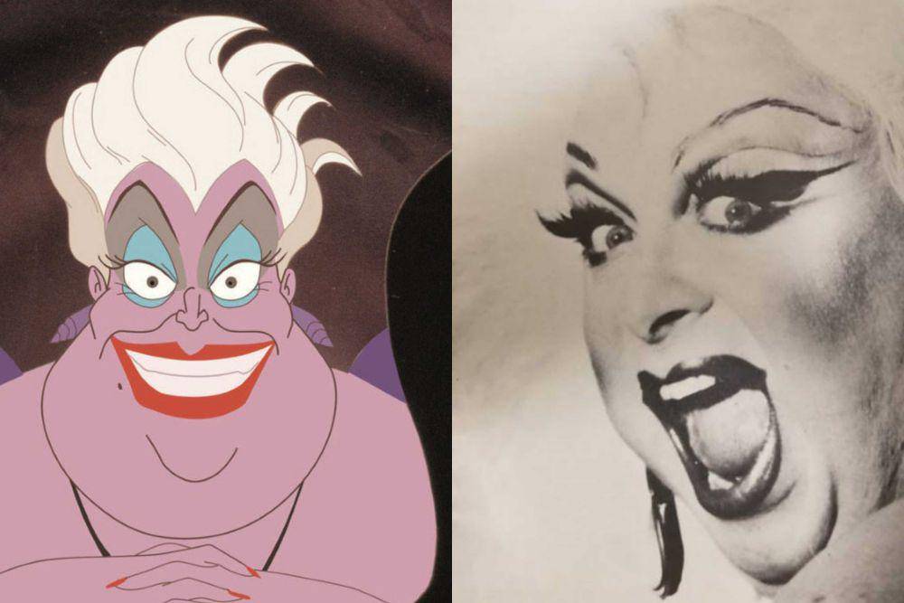 karakter kartun Ursula (kiri) dan Glenn Milstead atau Divine (dok. Walt Disney Feature Animation | commons.wikimedia.org/Ctorella)