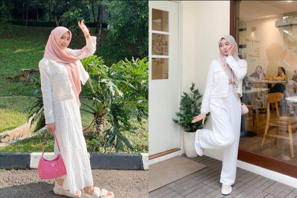7 OOTD Hijab Nuansa Putih ala Andena Surya Zabrina, Anggun!