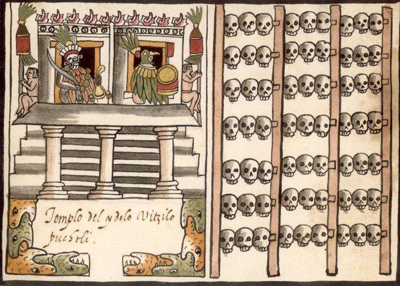 ilustrasi rak tengkorak korban pengorbanan manusia suku Aztek tahun 1585 (upload.wikimedia.org/jcblibrary.org)