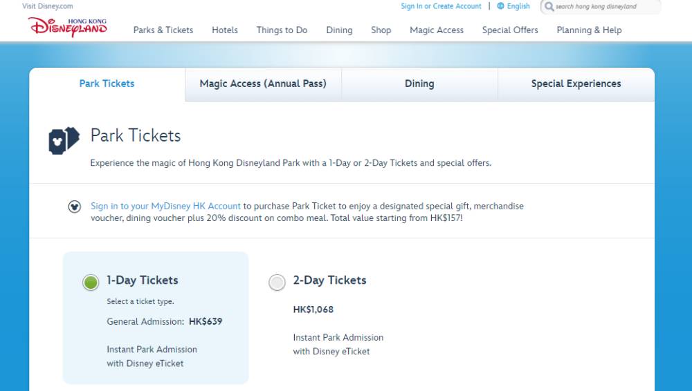Tangkapan layar pembelian tiket Disneyland Hong Kong via website (dok. Disneyland)
