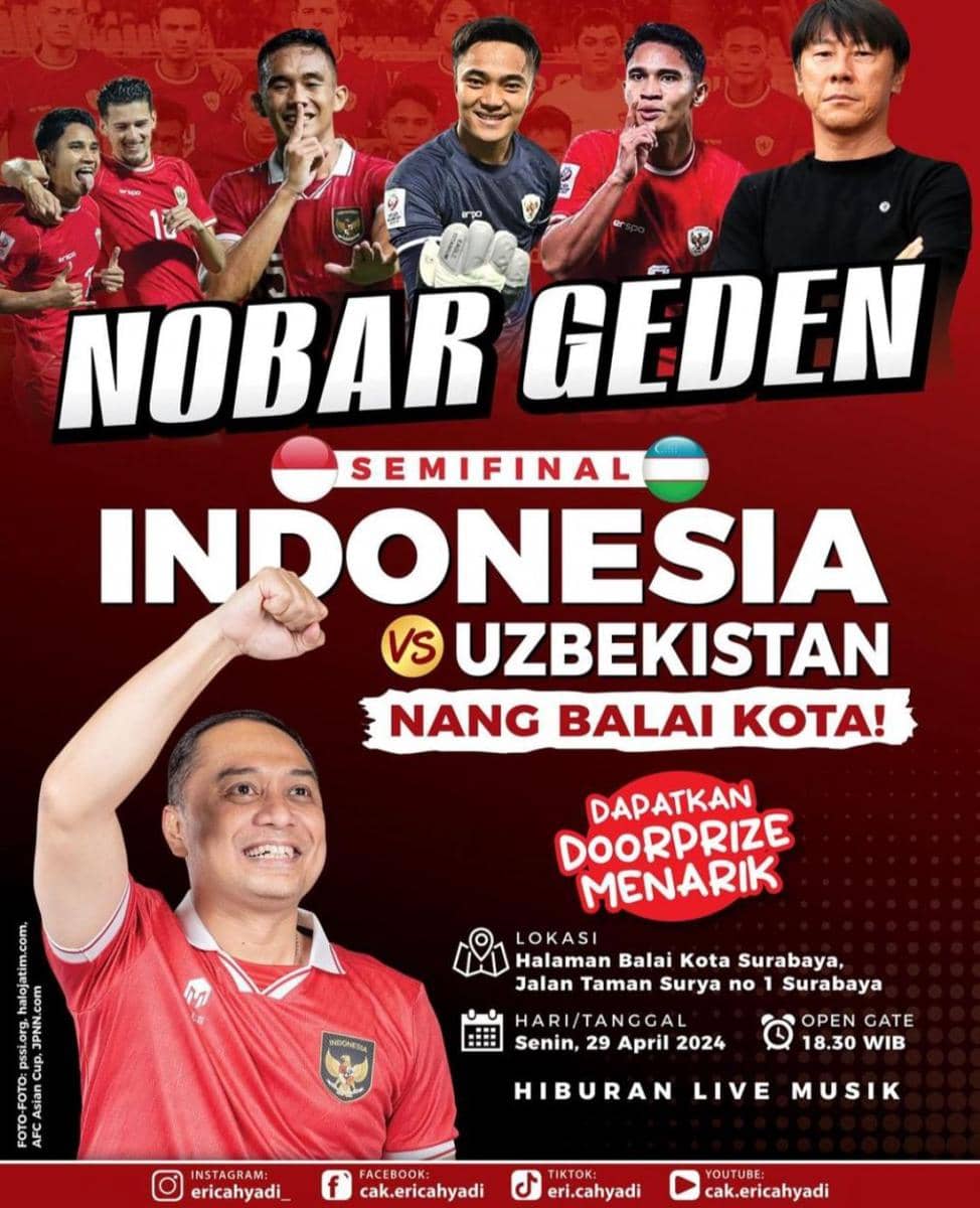 Eri Cahyadi Ajak Warga Surabaya Nobar Timnas di Balai Kota