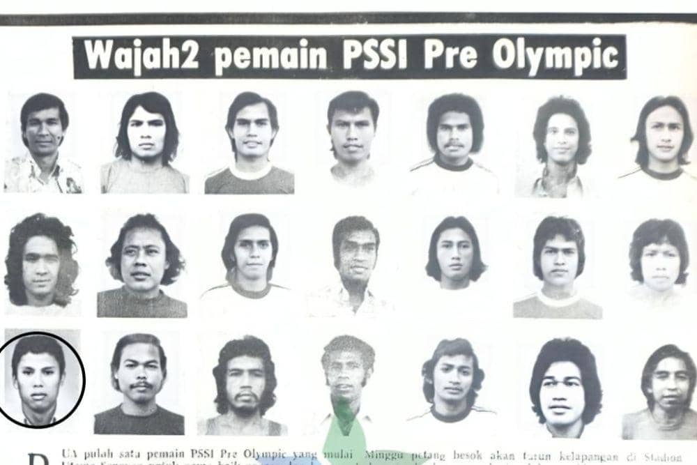 Potret Suaib Rizal (bawah, paling kiri) dalam daftar pemain Timnas Pra-Olimpiade 1976 yang berlangsung pada 1975 di Jakarta. (Dok. Perpuskataan Nasional RI)