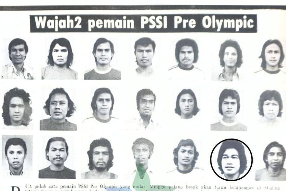 Potret Andi Lala (bawah, dua dari kanan) dalam daftar pemain Timnas Pra-Olimpiade 1976 yang berlangsung pada 1975 di Jakarta. (Dok. Perpuskataan Nasional RI)