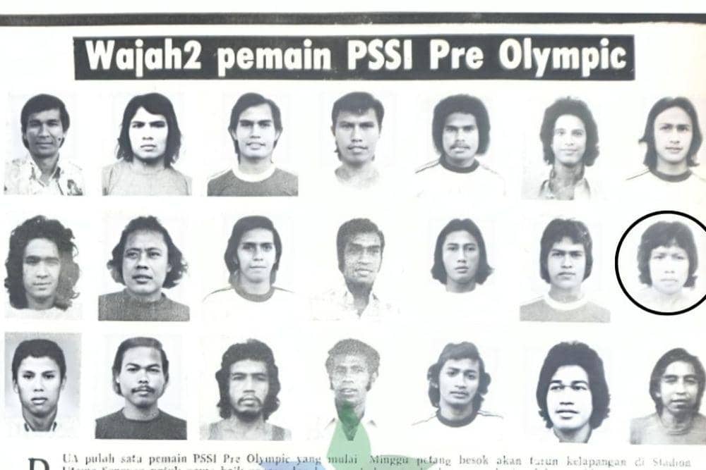 Potret Andi Bonte (tengah, paling kanan) dalam daftar pemain Timnas Pra-Olimpiade 1976 yang berlangsung pada 1975 di Jakarta. (Dok. Perpuskataan Nasional RI)