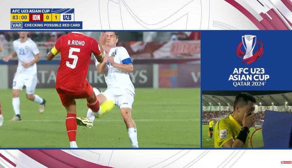 Kartu merah Rizky Ridho pada laga Indonesia vs Uzbekistan di semifinal Piala Asia U-23 2024 (youtube.com)