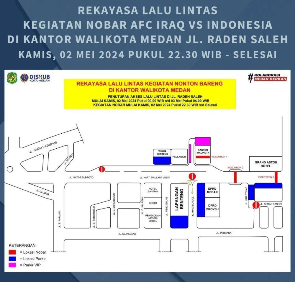 Pengalihan Arus dan Lokasi Parkir Nobar Indonesia Vs Irak di Medan