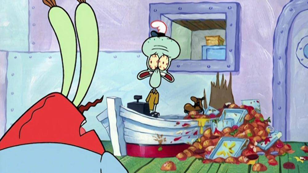 kondisi pegawai Krusty Krab setelah lembur (dok. Nickelodeon/SpongeBob SquarePants)