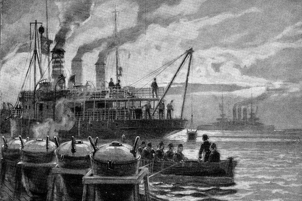 Ilustrasi ini menggambarkan angkatan laut Kekaisaran Ottoman di lepas pantai Bosphorus yang dijaga oleh kapal penjelajah HAMIDIJE dan BERC-I-SATWET. (commons.wikimedia.org/Alexander Kircher)