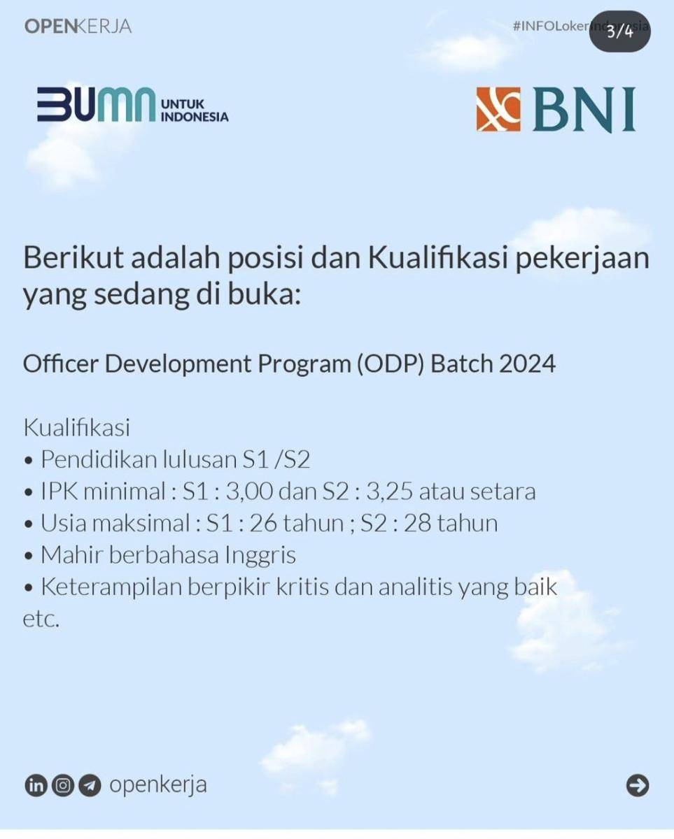 Bank Negara Indonesia (Persero) Tbk membuka lowongan kerja 2024. (Dok/ Screenshot instagram@openkerja)