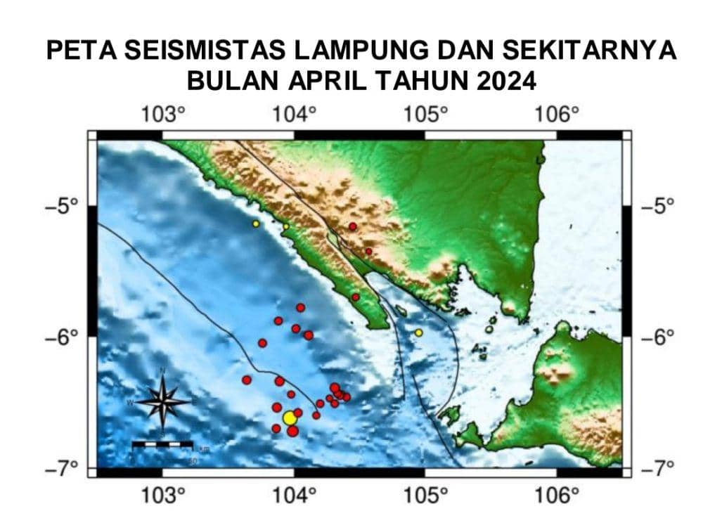 Peta seismistas Lampung dan sekitarnya April 2024. (Dok. BMKG Lampung).