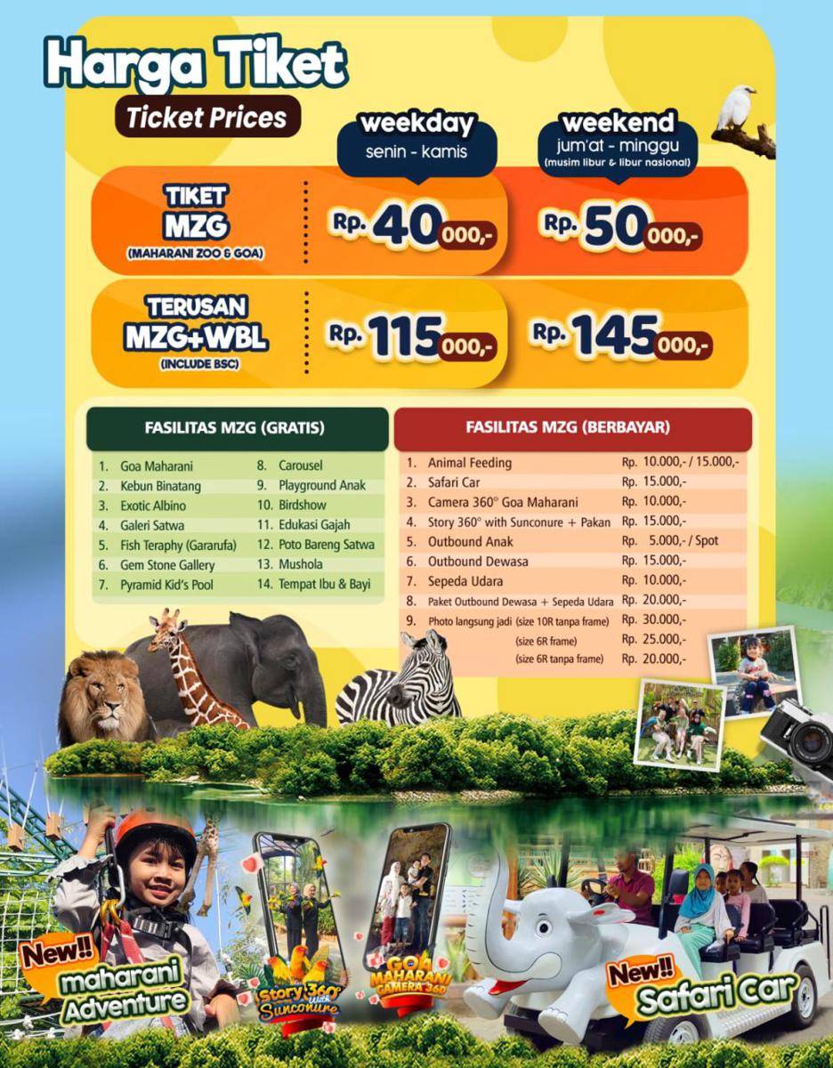 Rincian harga tiket masuk Maharani Zoo dan Goa di Lamongan. maharanizoo.com