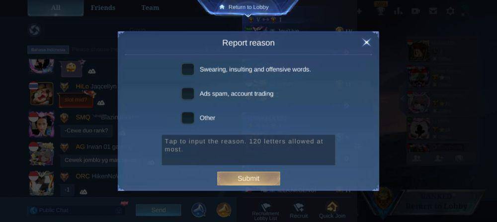 tampilan report akun MLBB di obrolan publik (dok. Moonton/ Mobile Legends: Bang Bang)