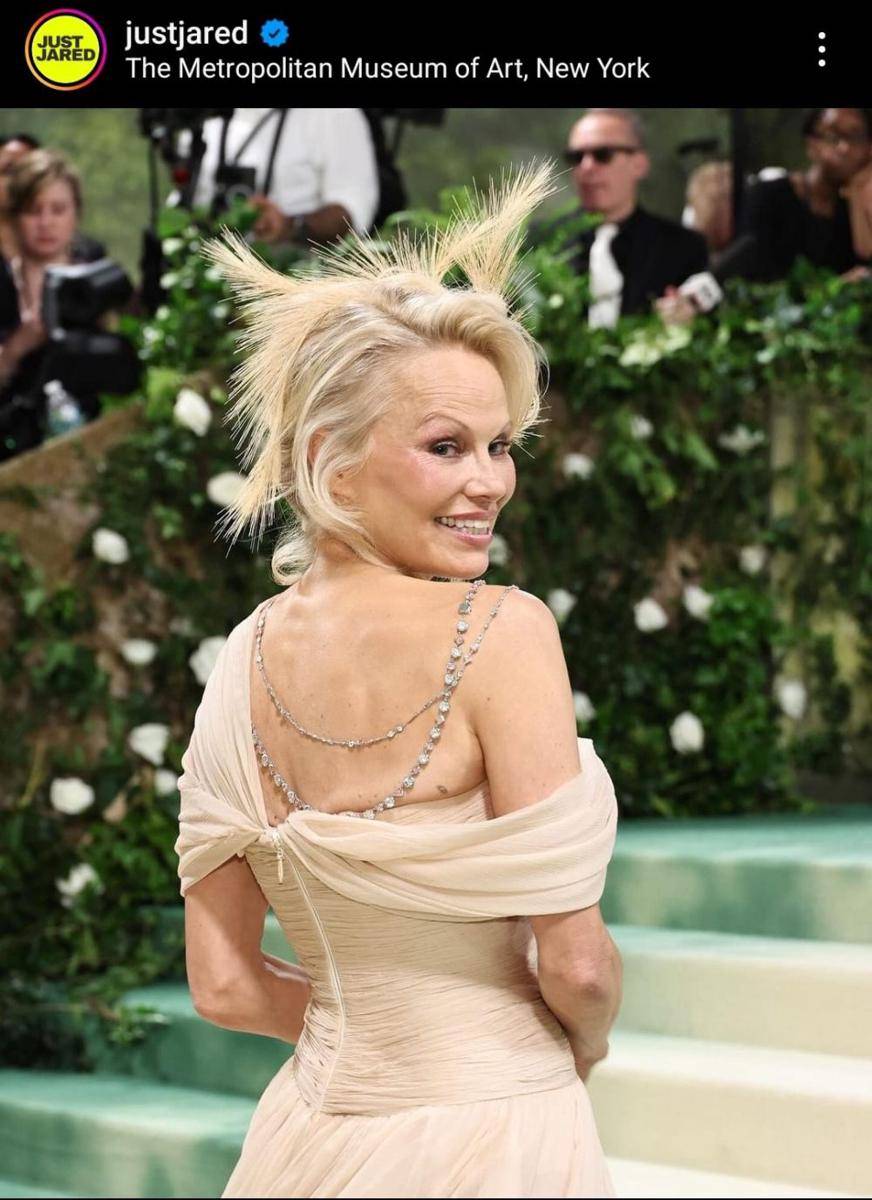 Pamela Anderson tampil dengan gaun tulle dan cepolan rambut bak kipas (instagram.com/justjared)