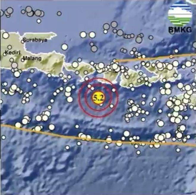 Gempa magnitudo 5,2 yang mengguncang Pulau Lombok, NTB pada Rabu (8/5/2024) pagi. (dok. BMKG)