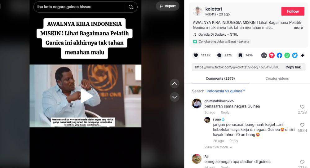Tangkapan layar video TikTok yang menyebut pelatih Guinea U-23, Kaba Diawara menghina Timnas U-23 dan Indonesia. (@kolotts1).