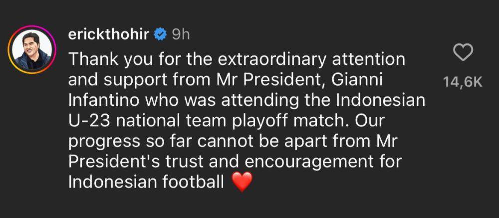 Ketum PSSI, Erick Thohir membalas pesan dukungan presiden FIFA, Gianni Infantino untuk timnas U-23 (Instagram.com/gianni_infantino)