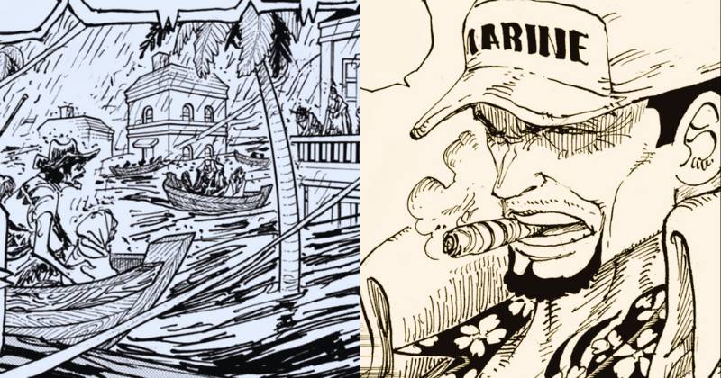 Akainu dan suatu kota yang kebanjiran di One Piece. (mangaplus.shueisha.co.jp/One Piece)