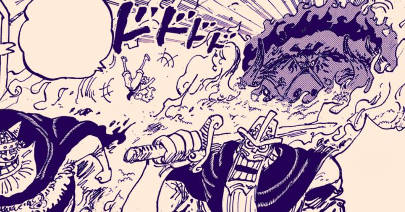 Topman Warcury menyerang Luffy, Dorry, dan Brogy. (mangaplus.shueisha.co.jp/One Piece)