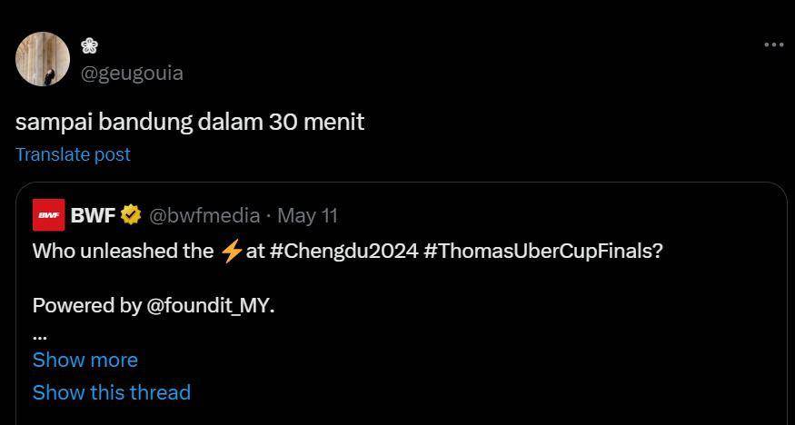 Komentar Gregoria Mariska Tunjung soal catatan smash cepat di Uber Cup 2024 (X.com/@geugoia)