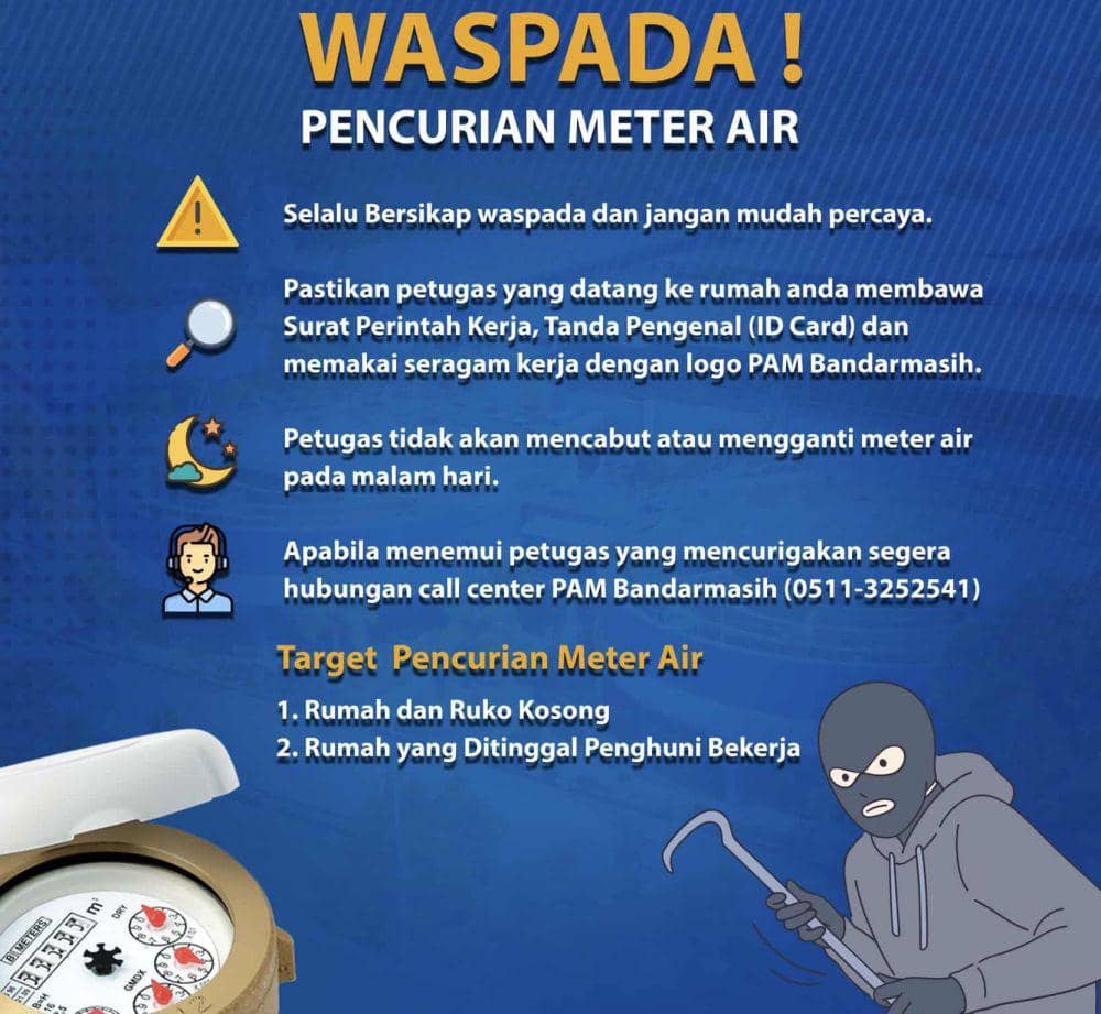 Poster imbauan PAM Bandarmasih terkait maraknya pencurian meter.