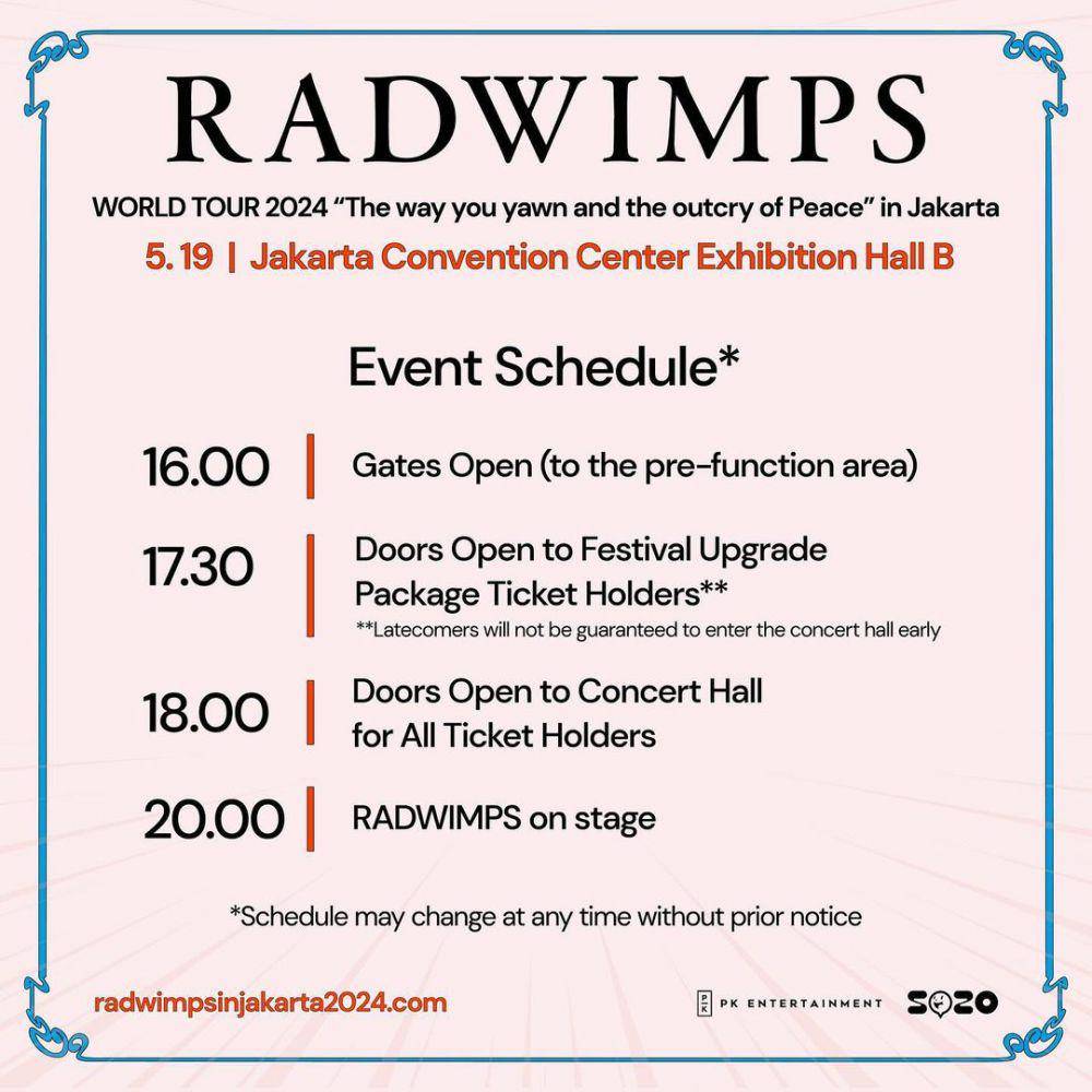 Rundown konser RADWIMPS Jakarta 2024 (instagram.com/pkentertainment.id)
