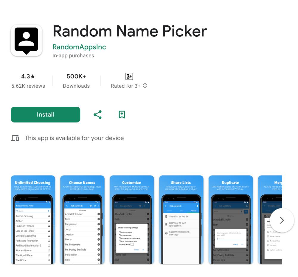 Random name picker by RandomAppsInc (dok. Google Play Store)