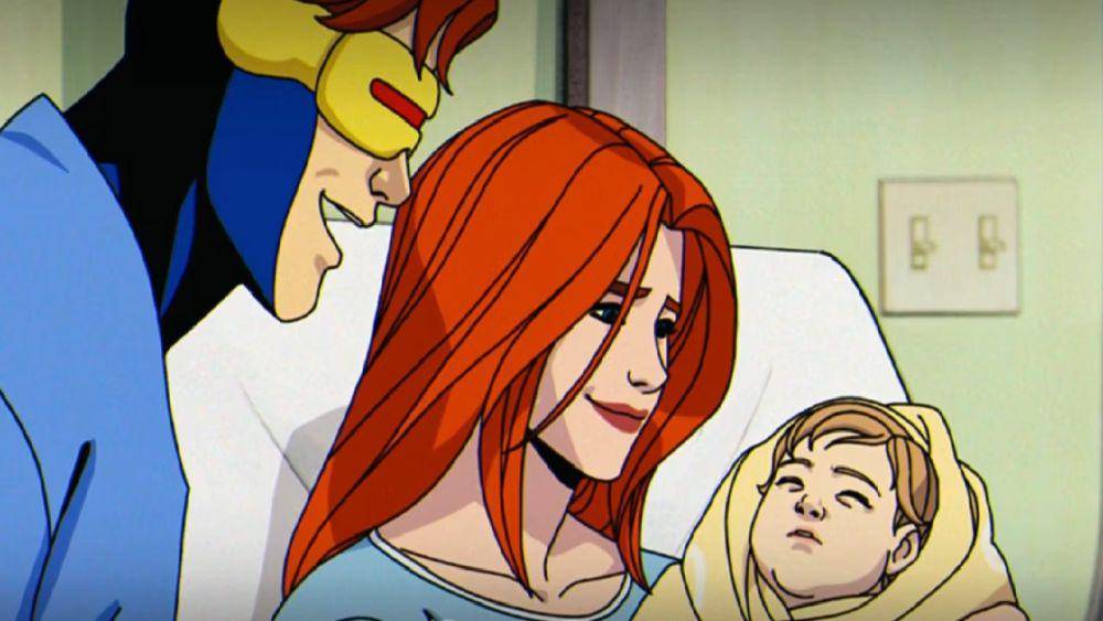 Cyclops dan Madelyne Prior (klona Jean Grey) dengan anak mereka. (dok. Marvel Studios/X-Men 97')