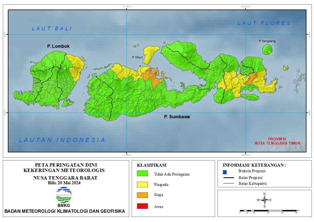 Kecamatan yang masuk kategori siaga dan waspada kekeringan di NTB. (dok. Staklim NTB)