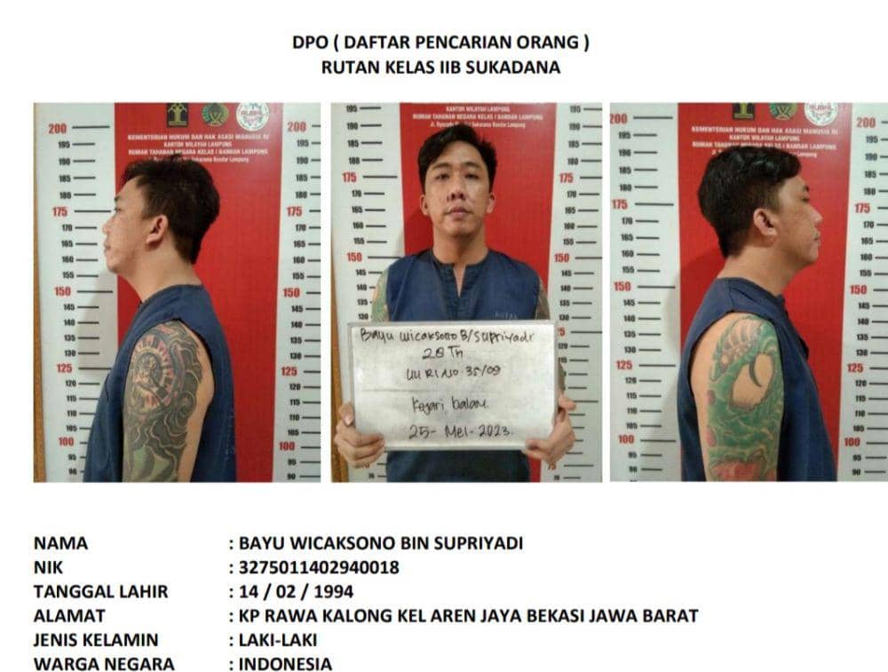 Napi Rutan Kelas IIB Sukadana Bayu Wicaksono (30) dilaporkan melarikan diri dari penjara pada 21 April 2024. (IDN Times/Istimewa).