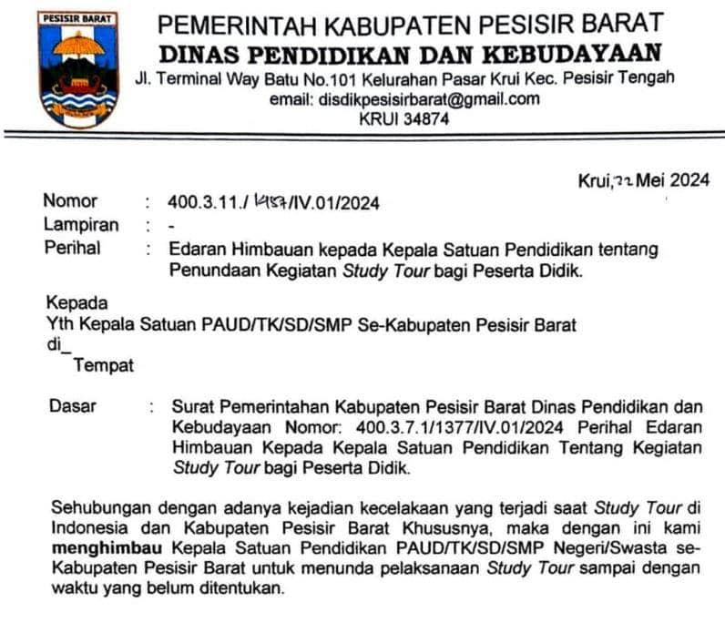 Penampakan surat edaran penundaan study tour sekolah di Pesisir Barat. (IDN Times/Istimewa).