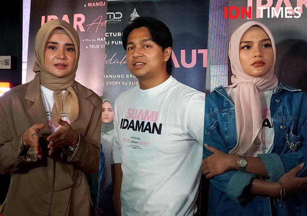 Michelle Ziudith, Deva Mahenra, dan Davina Karamoy di konferensi pers dan launching poster dan trailer kedua film Ipar Adalah Maut, Jumat (24/05/2024). (IDN Times/Ines Suseno)