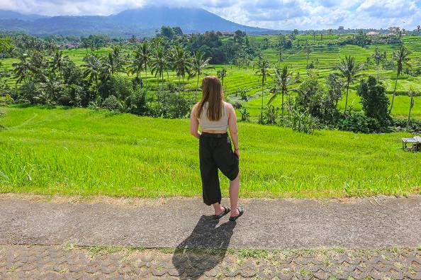 Seorang wisatawan mancanegara melihat bentangan sawah di Desa Jatiluwih, Tabanan, Bali, Selasa (7/5/2024). Desa Wisata Jatiluwih Bali memakai sistem subak demi keberlanjutan dalam proses menanam padi, sehingga beras merah dari desa ini memiliki kualitas terbaik di Bali. Desa wisata ini akan menjadi salah satu lokasi kunjungan delegasi World Water Forum ke-10 pada 18-25 Mei 2024.InfoPublik/Agus Siswanto