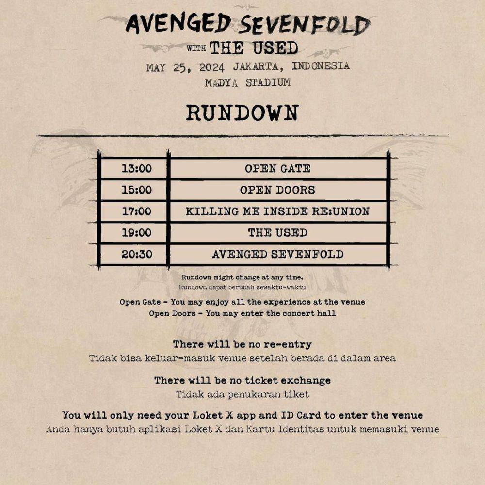 Rundown konser Avenged Sevenfold di Jakarta 2024 (Instagram.com/akselerasi.ent)