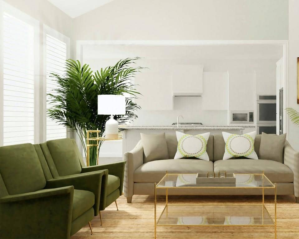 ilustrasi sofa hijau zaitun dan lantai kayu (unsplash.com/Spacejoy)