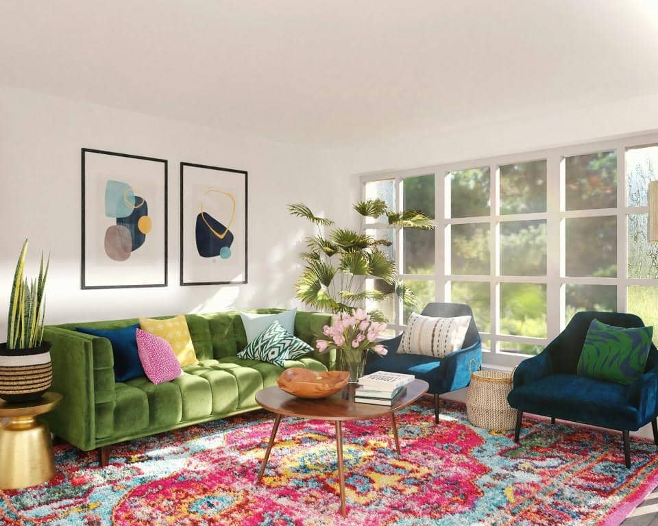 ilustrasi sofa berwarna hijau zaitun dan biru navy (unsplash.com/Spacejoy)