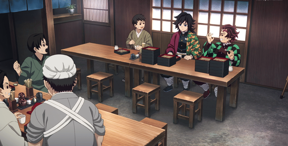 Giyu dan Tanjiro sedang lomba makan (dok. Ufotable/ Kimetsu no Yaiba Season 4 Hashira Training Arc)
