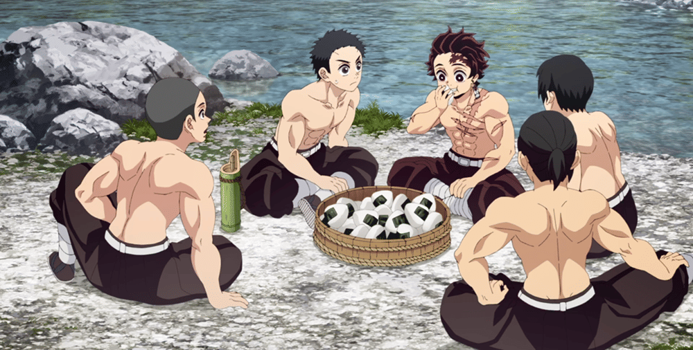 Tanjiro dan peserta pelatihan yang lain tengah berbincang (dok. Ufotable/ Kimetsu no Yaiba Season 4 Hashira Training Arc)