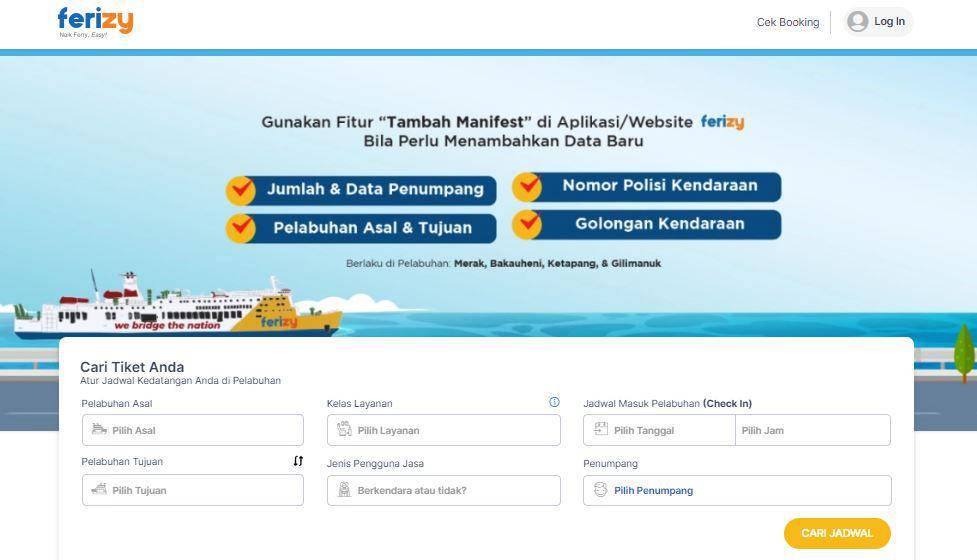 Website ferizy.com untuk pembelian tiket kapal Ujung-Kamal secara online. Ferizy