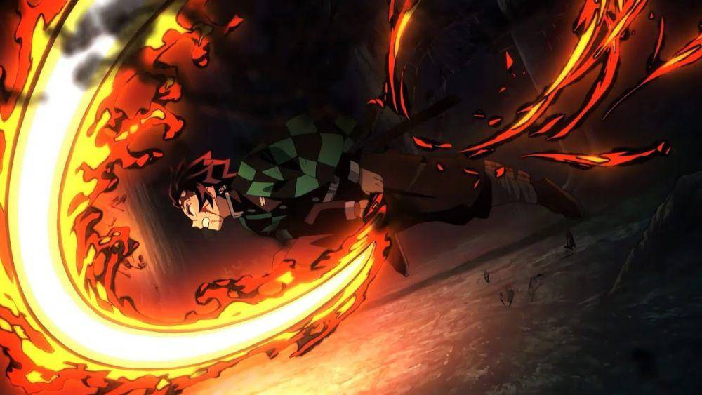 Tanjiro menggunakan Hinokami Kagura (dok. ufotable/Demon Slayer: Kimetsu no Yaiba)