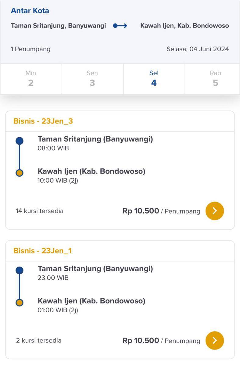 Jadwal DAMRI Banyuwangi-Kawah Ijen di aplikasi DAMRI Apps. Tangkapan layar aplikasi DAMRI Apps