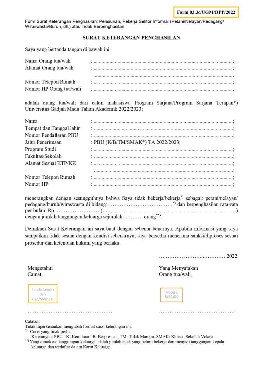 Surat Keterangan Penghasilan Orang Tua