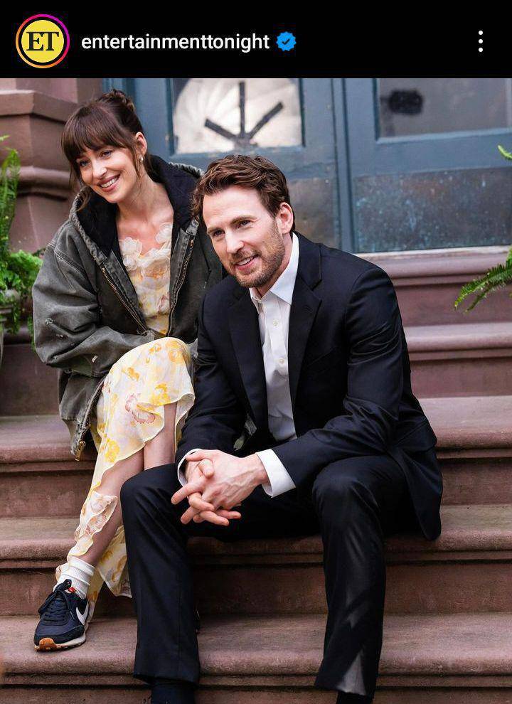 potret Dakota Johnson dan Chris Evans syuting The Materialists (via Instagram.com/entertainmenttonight)