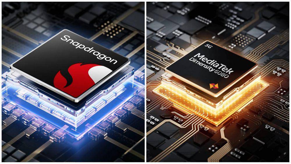 Ilustrasi prosesor Qualcomm Snapdragon 680 (kiri) dan MediaTek Dimensity 6080 (kanan) (mi.co.id)