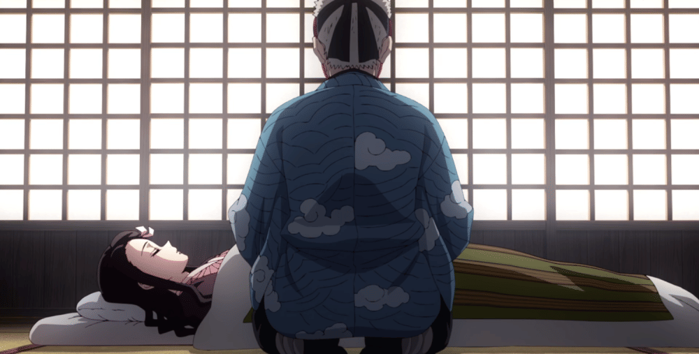 Urokodaki menjaga Nezuko (dok. Ufotable/ Kimetsu no Yaiba Season 4 Hashira Training Arc)