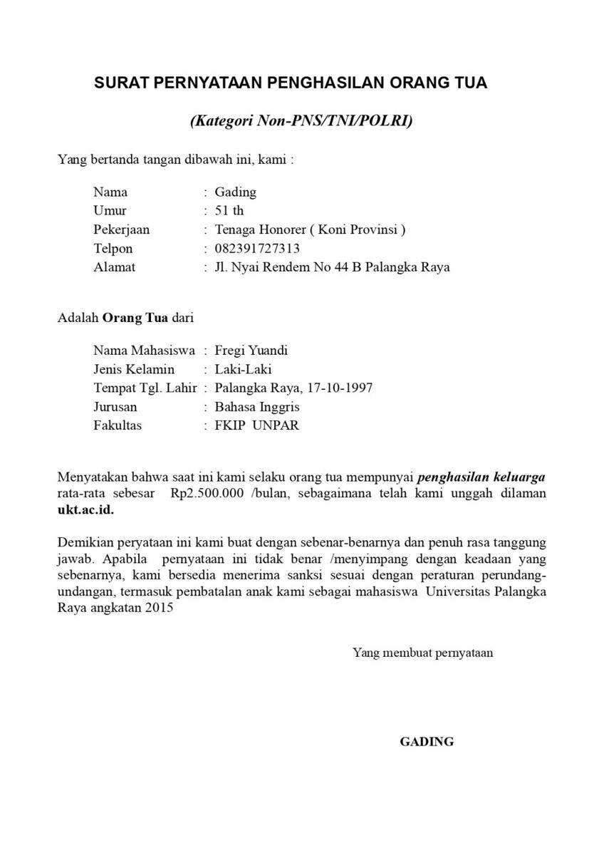 Surat Keterangan Penghasilan Orang Tua